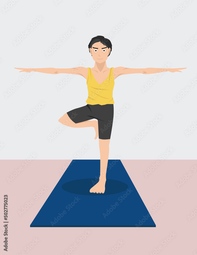 Man doing yoga poses Spread your arms and stand with one leg on the carpeted floor. Man doing yoga poses Spread your arms and stand with one leg on the carpeted floor.