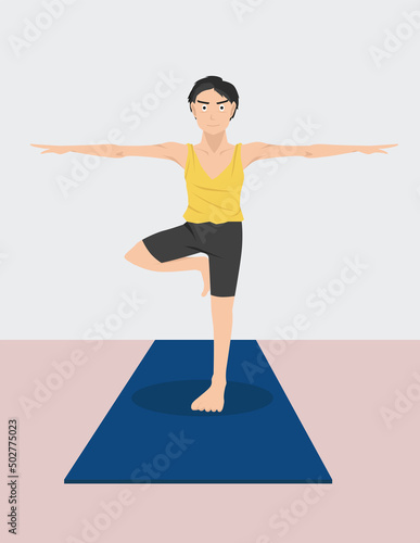 Man doing yoga poses Spread your arms and stand with one leg on the carpeted floor.