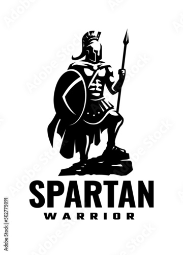 Spartan warrior with weapons and armor, logo. Vector illustration.