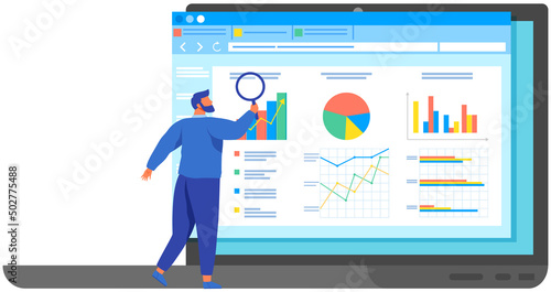 Reading report, survey concept. Man with magnifying glass looking for information in text document. Employee analyzes term of contract. Analysis data launch of new business project. Check startup data