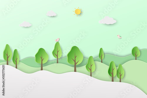 Spring forest landscape background on paper cut and craft style