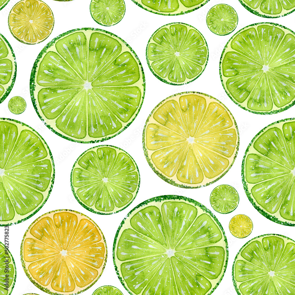 Watercolor illustration of slices of citrus lime, lemon, orange, grapefruit. Round shapes in a seamless pattern. For fabric, textiles, prints, wallpaper, paper, clothing.