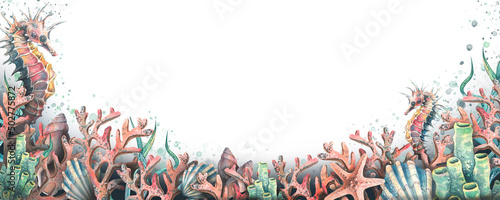 Fotografia Watercolor illustration of a horizontal board on a marine theme with a seahorse, seashells, algae and corals