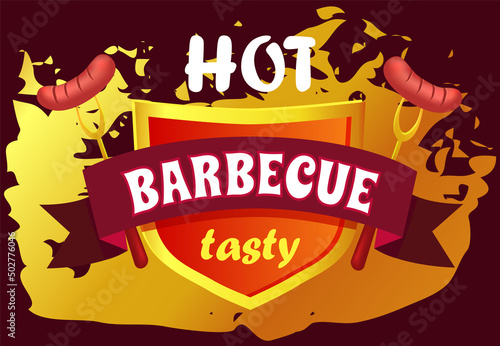 BBQ party logo template, emblem for cafe, restaurant or food delivery service. Grilled food advertising lettering. Barbeque, picnic with grill label design, circle tag or sticker hot barbecue