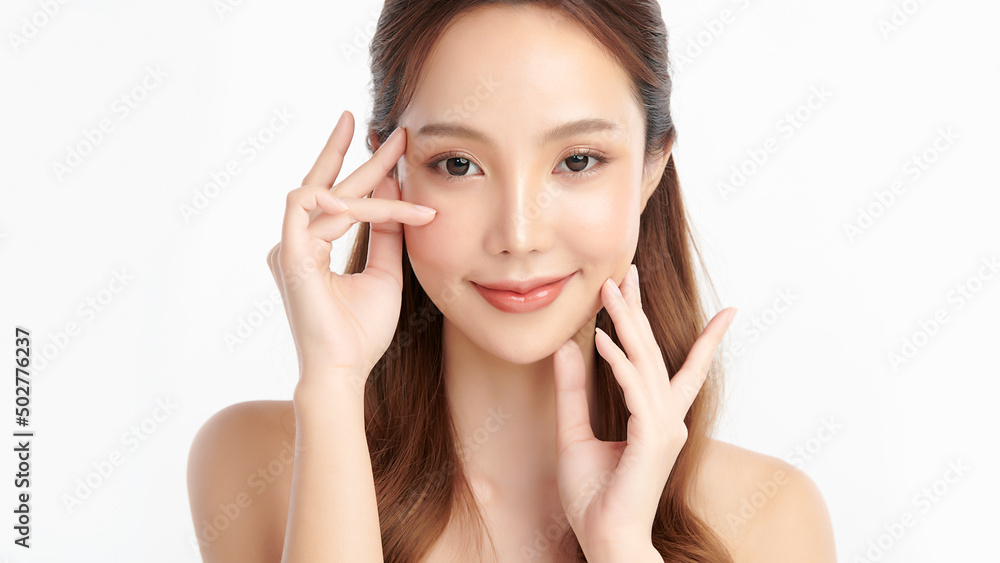 Beautiful young asian woman with clean fresh skin on white background, Face care, Facial treatment, Cosmetology, beauty and spa, Asian women portrait.