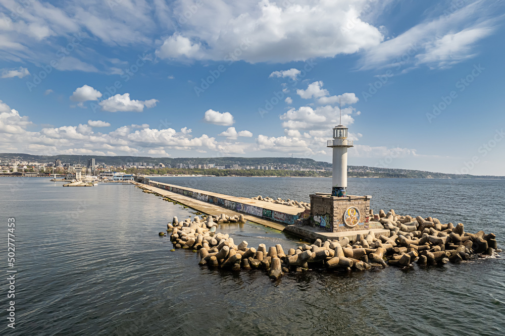 The lighthouse and beautiful cityscape over Varna city, Bulgaria. Varna is the sea capital of Bulgaria