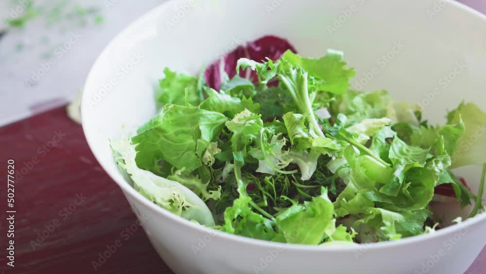 Fresh vegetable salad. Cooking healthy food in the kitchen. Vegetarian diet. Close up of healthy lunch with radishes, tomatoes, lettuce, fragrant greens and olives. Woman cuts and stirs the salad. Fresh vegetable salad. Cooking healthy food in the kitchen. Vegetarian diet. Close up of healthy lunch with radishes, tomatoes, lettuce, fragrant greens and olives. Woman cuts and stirs the salad.