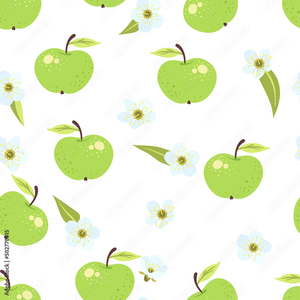 Seamless cute green apple pattern with fruits, leaves, white flowers background. Vector illustration summer cover, wallpaper texture, wrapping backdrop, vintage packaging. Seamless cute green apple pattern with fruits, leaves, white flowers background. Vector illustration summer cover, wallpaper texture, wrapping backdrop, vintage packaging.