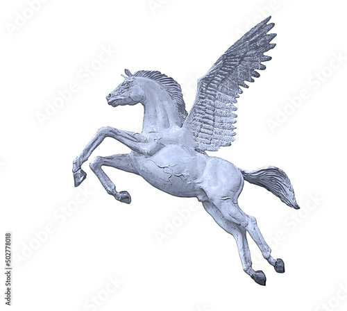 Pegasus is a mythical white winged horse flying on a white background