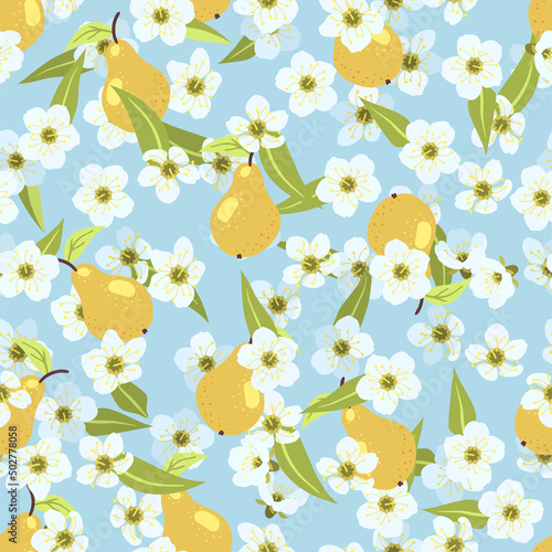 Seamless cute summer autumn pear pattern with fruits, leaves, white flowers on blue sky background. Vector illustration cover, wallpaper texture, wrapping backdrop, vintage packaging.