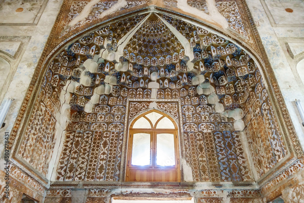 Honeycomb vault (muqarnas) of Khoja Zainuddin mosque (XVI century), Bukhara, Uzbekistan. Value of building is that it was almost never touched by restorers and you see original undistorted ornaments