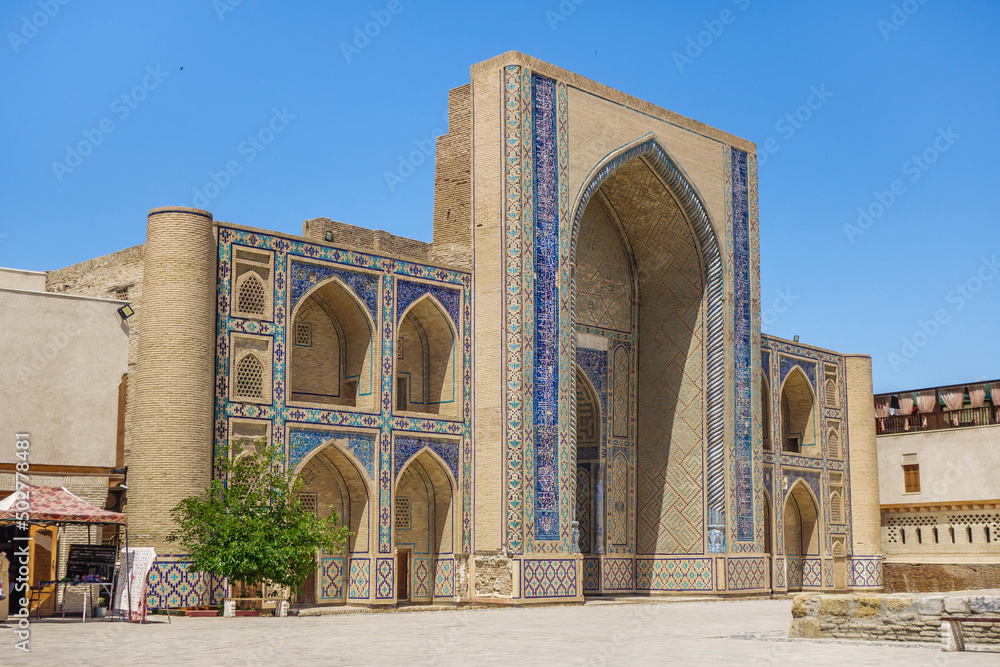 Panorama of building of Ulugh Beg Madrasah in Bukhara, Uzbekistan. Built in 14th century. This is UNESCO object