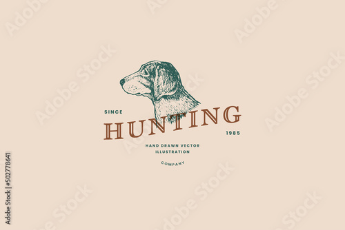 Emblem with the head of a dog breed Drever. Logo template with a hunting dog in the style of engraving. Vector vintage illustrations on a light background.