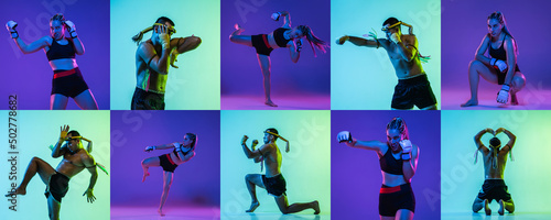 Collage. Set of portraits of sportive people, female MMA fighter and thai boxer in action isolated over multicolored background in neon light