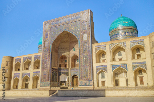 Building of the Miri Arab Madrasah in Bukhara, Uzbekistan. Built in the first half of the 16th century. It is one of the most beautiful historical buildings in the city
