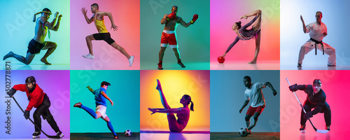 Collage. Portraits of sportive people training isolated over multicolored background in neon.