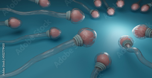group of spermatozoa swimming on a blue background towards a light area, fertility concept. 3D illustration