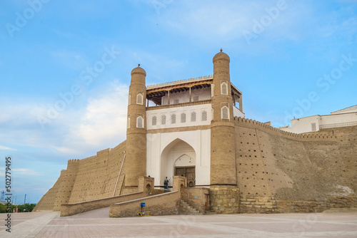 Panorama of the central entrance to the ancient citadel Ark in Bukhara, Uzbekistan. Walls of the fortress are still amazing. In some places, the height of the walls reaches 20 meters