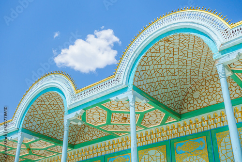 Close-up of street colonnade decorations of Sitorai Mohi Xosa Palace, Bukhara, Uzbekistan photo