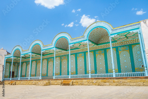 Walking street gallery in the Sitorai Mohi Xosa Palace, Bukhara, Uzbekistan. Palace once belonged to the Bukhara emirs, now it is a museum