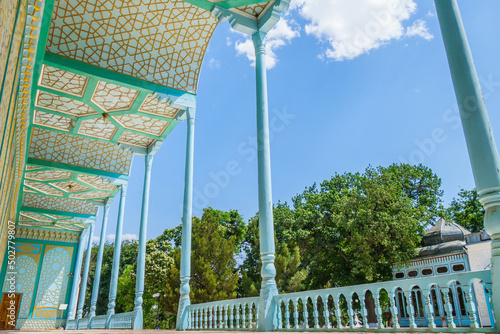 Colonnaded terrace for walking in the emir's former summer residence Sitorai Moha Xosa in Bukhara, Uzbekistan photo