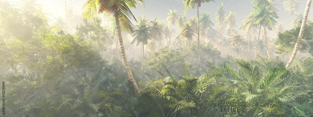 Jungle, rainforest during the plank, palm trees in the morning in the fog, jungle in the haze, 3D rendering