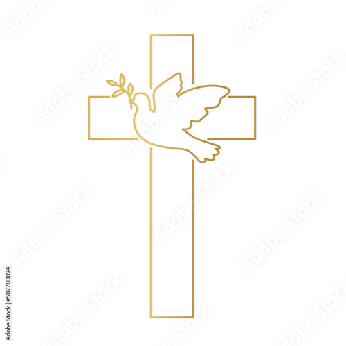 golden dove with olive branch, Holy Spirit, crucifixion, obituary symbol- vector illustration