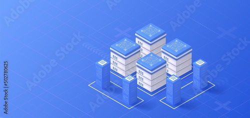 Blockchain technology isometric banner. 3d vector illustration with digital cryptocurrency concept. Block connection network. Data server illustration.