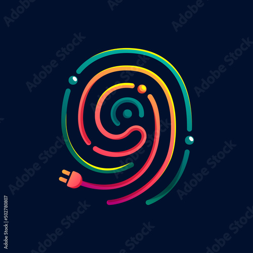 Number nine logo made of fingerprint with plug. Colorful cable icon with vivid gradients and lines.