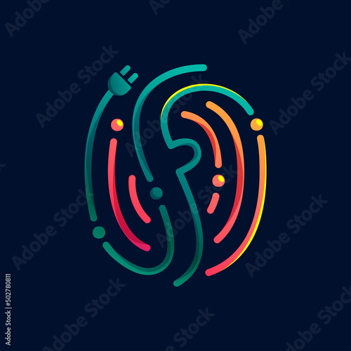 F letter logo made of fingerprint with plug. Colorful cable icon with vivid gradients and lines.