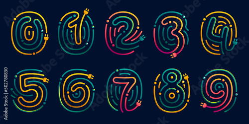 Numbers set made of fingerprint with plug. Colorful cable icons with vivid gradients and lines.