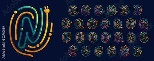 Alphabet made of fingerprint with plug. Colorful cable icons with vivid gradients and lines.