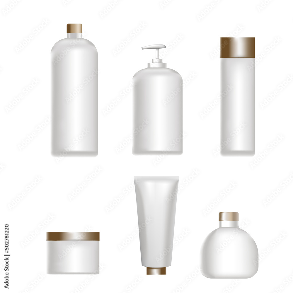 A set of white plastic bottles for sanitary and cosmetic products. for mock ups. realistic vector illustration A set of white plastic bottles for sanitary and cosmetic products. for mock ups. realistic vector illustration