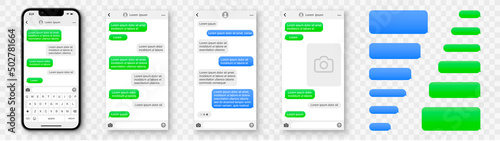 Message smartphone template. Message bubbles chat on smartphone icons. Phone chatting sms template bubbles. Place your own text - stock vector. photo