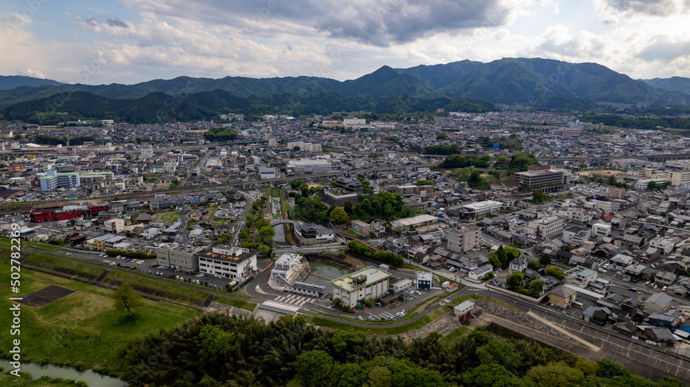 由良川上空から福知山市街をドローンで空撮
