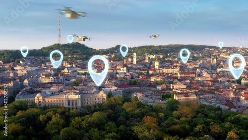 Drones parcel delivery service. Many multicopters flying big packages into city. Drone delivering post package to your home. 3d rendering delivery drone flying with cityscape background