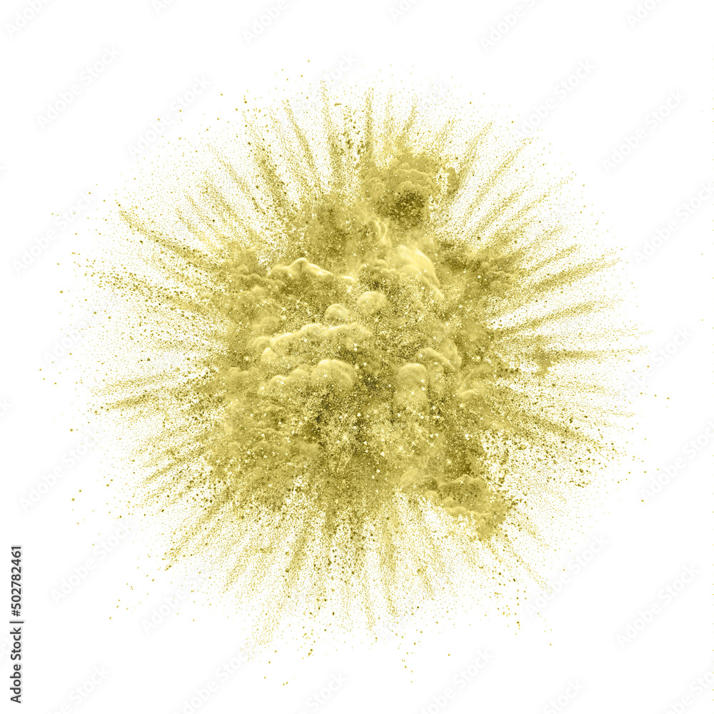 Gold glitter explosion. Golden sparkle explosive background. Shimmer gold powder splash on white background