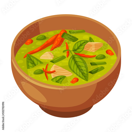 Green Curry with Green Chilli and Seafood as Traditional Thai Food Vector Illustration