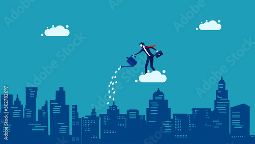 Building a business to grow. Businessman watering the building