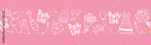 Fun hand drawn party seamless background with cakes, gift boxes, balloons and party decoration. Great for birthday parties, textiles, banners, wallpapers, wrapping - vector design