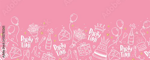 Fun hand drawn party seamless background with cakes, gift boxes, balloons and party decoration. Great for birthday parties, textiles, banners, wallpapers, wrapping - vector design