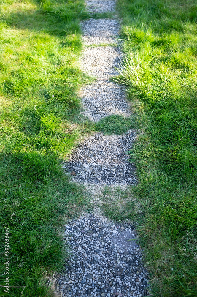 Obraz premium Path made of small stones, a well-groomed lawn with fresh green grass on the sides, in the rays of the spring sun.