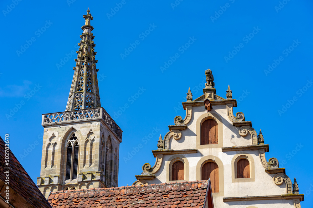 beautiful architecture of romantic Rothenburg ob der Tauber with cathedral building detail