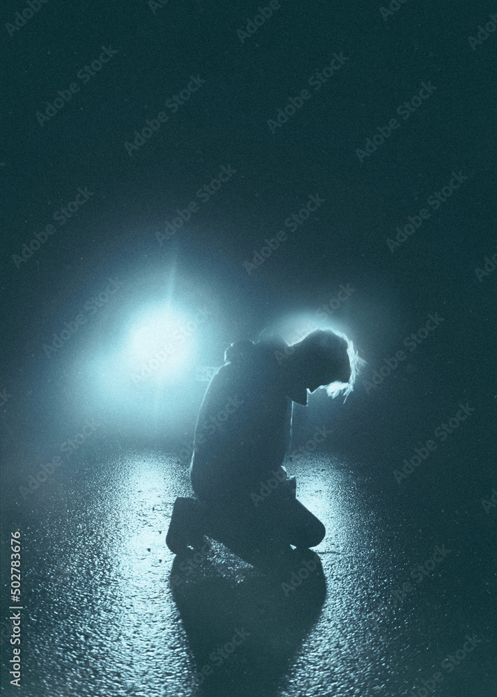 man so sad stand on ground alone while going rain in the dark night with  lighting lamp of car Stock Photo | Adobe Stock
