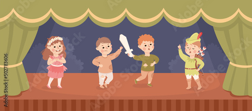 Children in Theater Play Wearing Costumes Performing on Stage Vector Illustration
