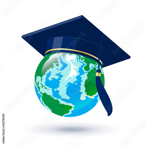 Earth globe cartoon character in graduation hat, dark blue mortarboard, happy smiling . Symbol of international high education.  Colorful vector illustration with shadow, isolated at white background.