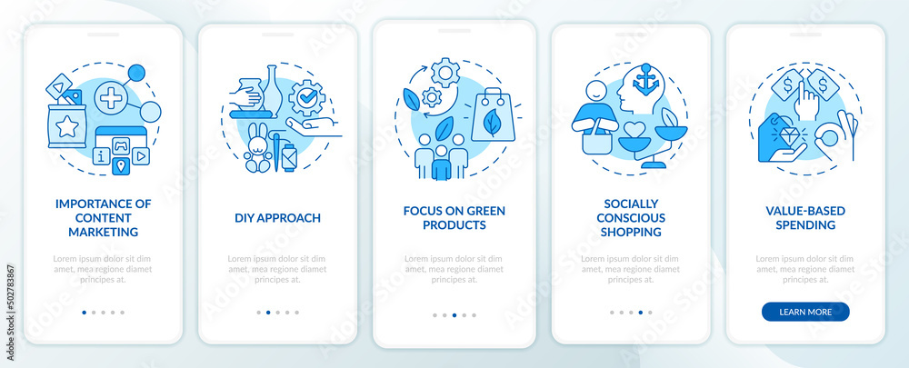 Customer behavior tendencies blue onboarding mobile app screen. Walkthrough 5 steps graphic instructions pages with linear concepts. UI, UX, GUI template. Myriad Pro-Bold, Regular fonts used