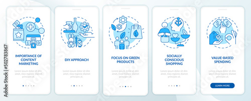 Customer behavior tendencies blue onboarding mobile app screen. Walkthrough 5 steps graphic instructions pages with linear concepts. UI, UX, GUI template. Myriad Pro-Bold, Regular fonts used