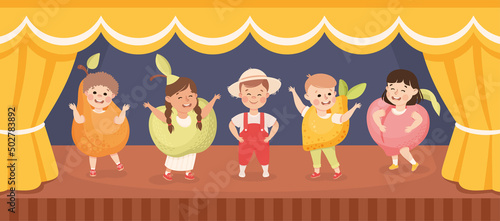 Children in Theater Play Wearing Costumes Performing on Stage Vector Illustration