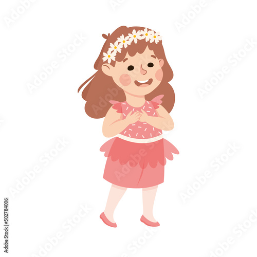 Little Girl in Pink Dress in Theater Play Wearing Costume Performing on Stage Vector Illustration